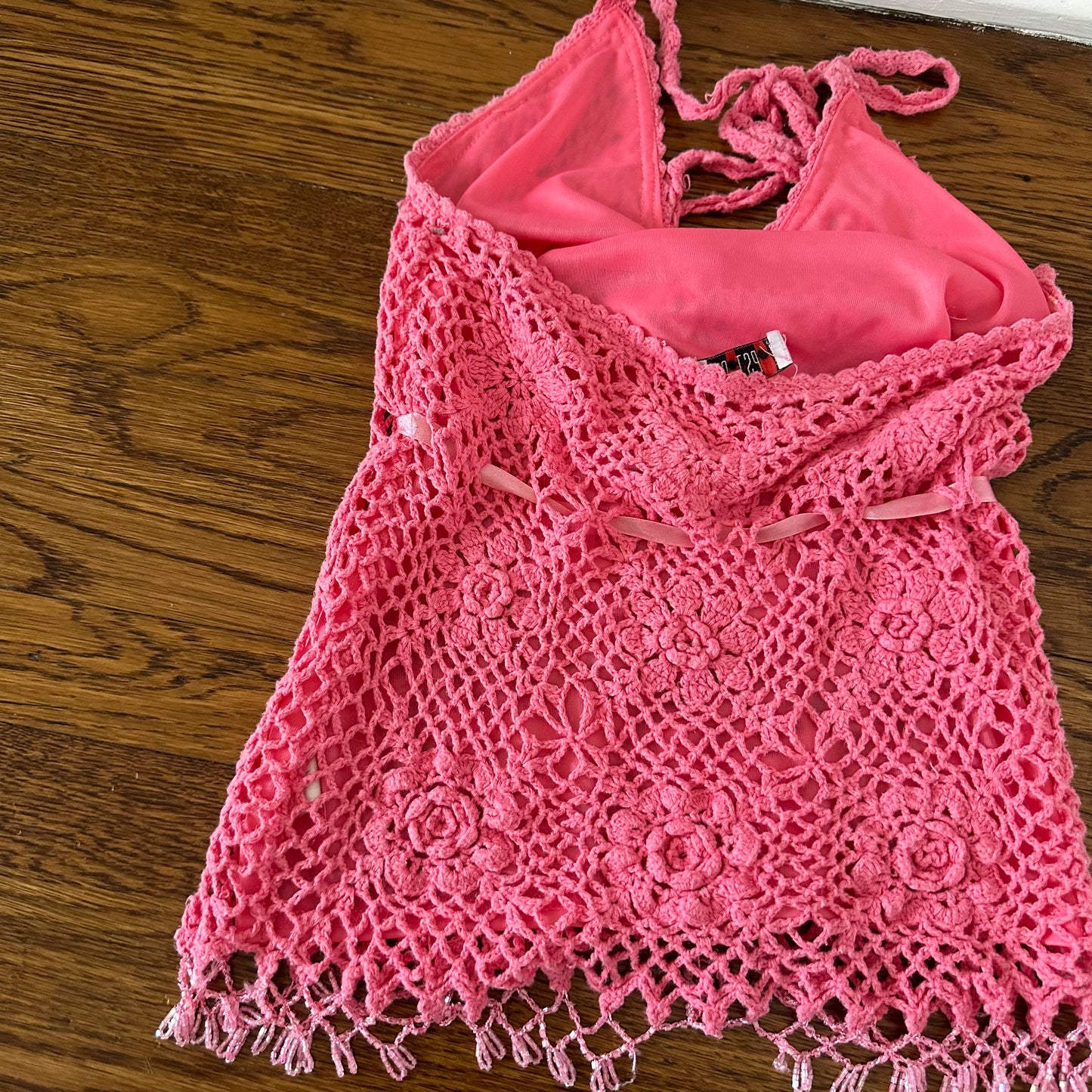 Vintage Pink Crochet Beaded Halter Top